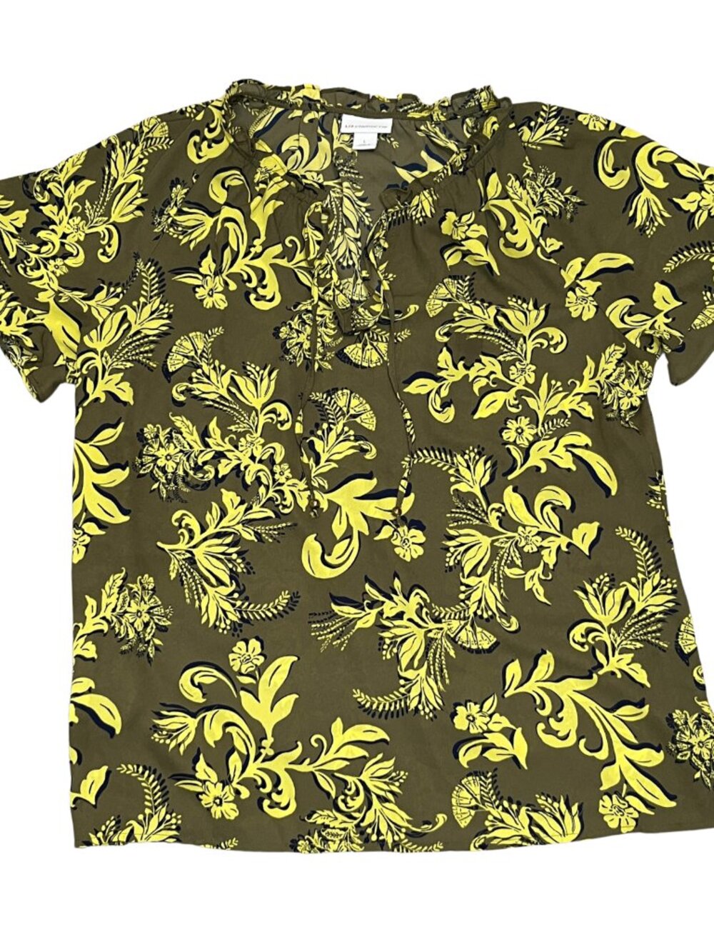 Liz Claiborne Women's Size L Olive Yellow Tropical Floral Ruffle Tie Neck Blouse